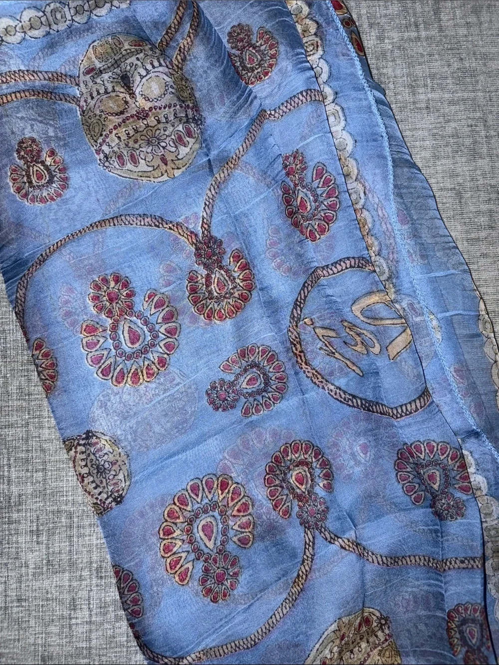 Raj Blue Silk Scarf with Gold and Pink Paisley Motifs